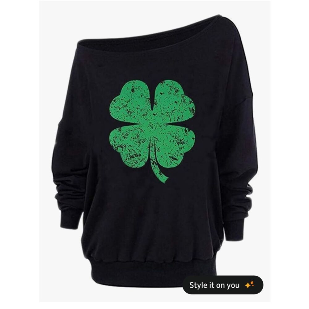 NWT SZ Med Black Off-Shoulder Sweatshirt with Green Shamrock‎